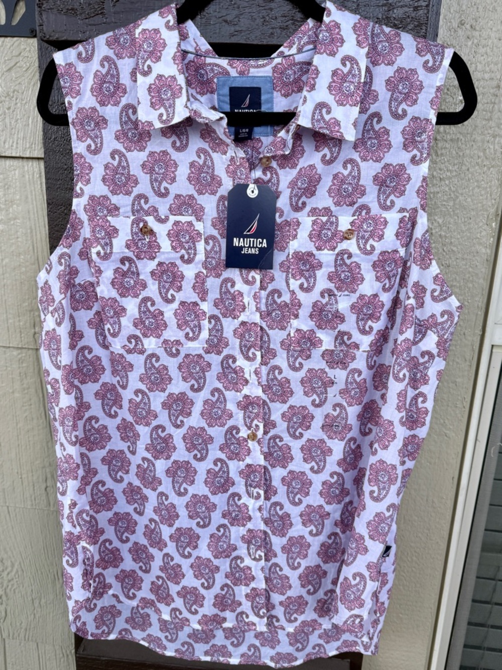 Nautica Womens White Sleeveless Button Down Paisley Print Top Size L NWT